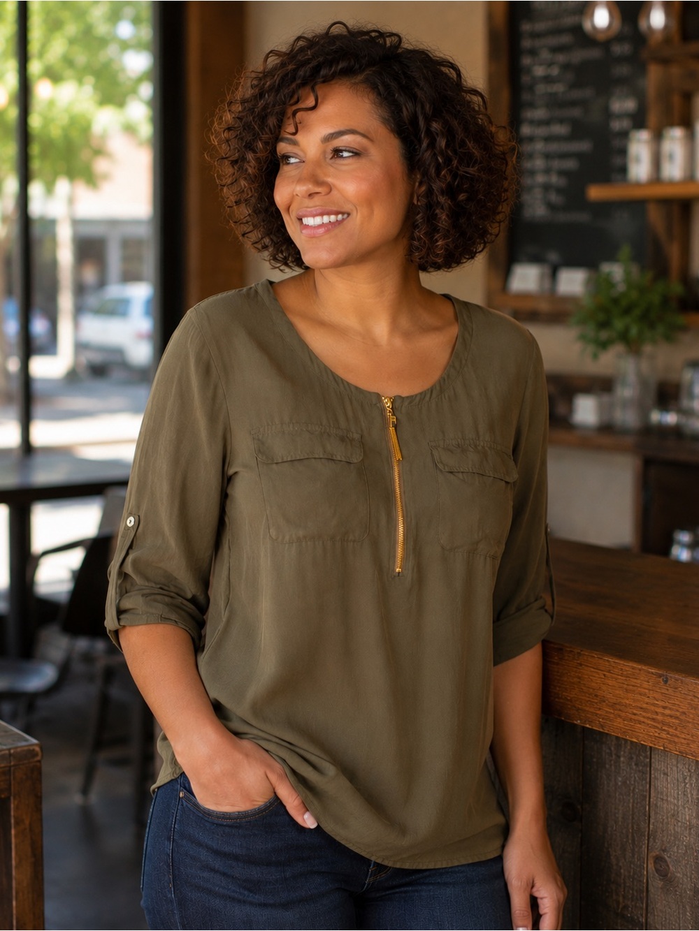 Loose fit blouse with gold zipper accents